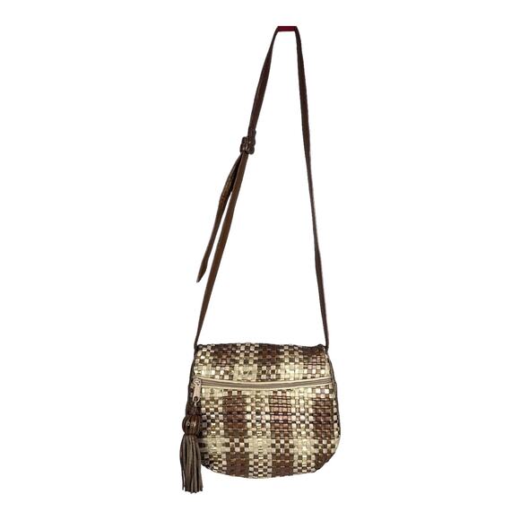 Sharif Metallic Gold Woven LEATHER HANDBAG Shoulder Crossbody Bag Tassel Bead - Picture 1 of 13